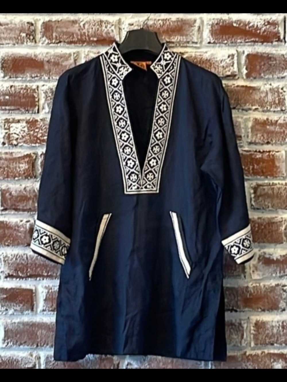 Tory Burch Linen Navy Tunic Swim Coverup with Embroidered Trim Size Medium